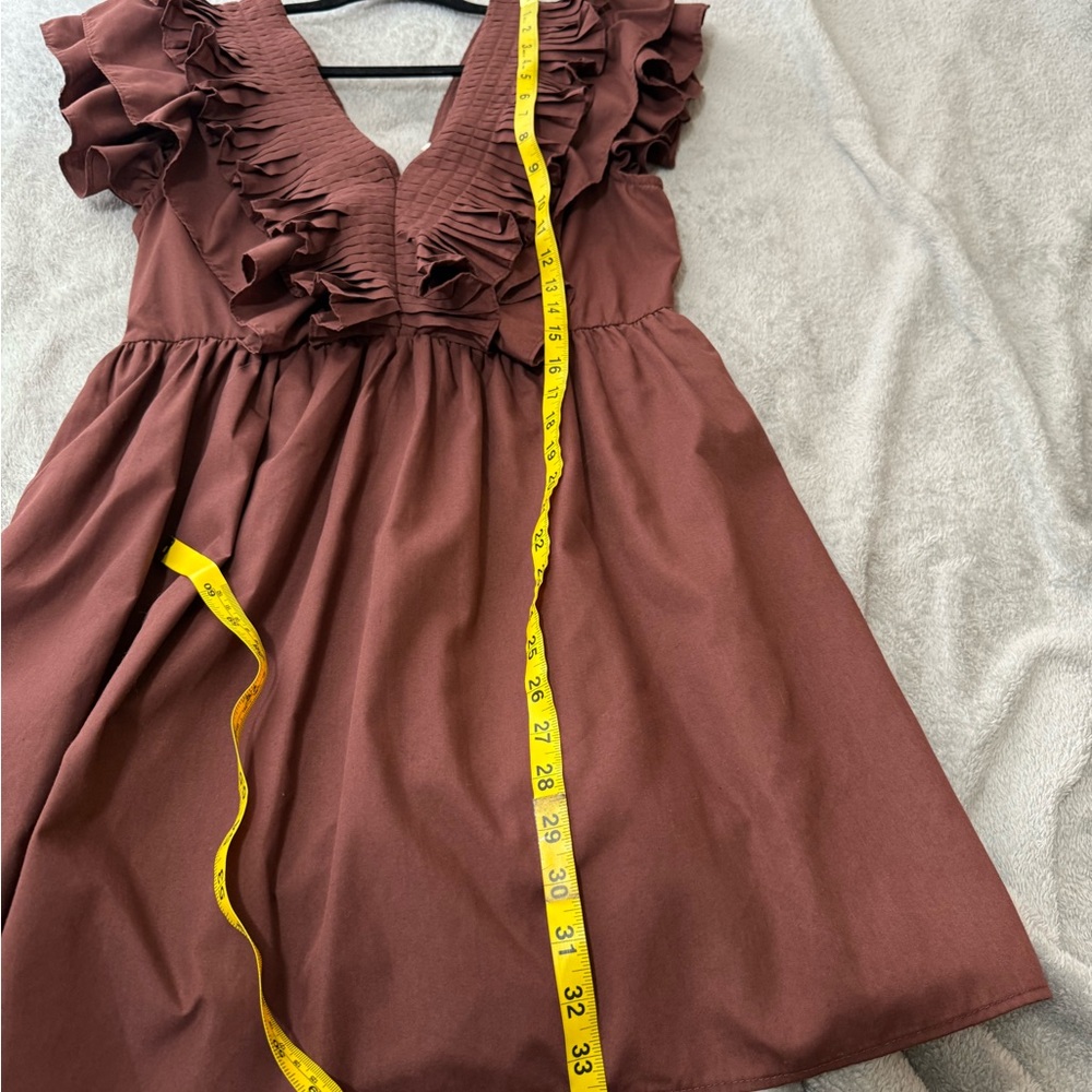 Entro Ruffle Pleated V-neck Mini Babydoll Dress Size L Chocolate Brown - Picture 7 of 11